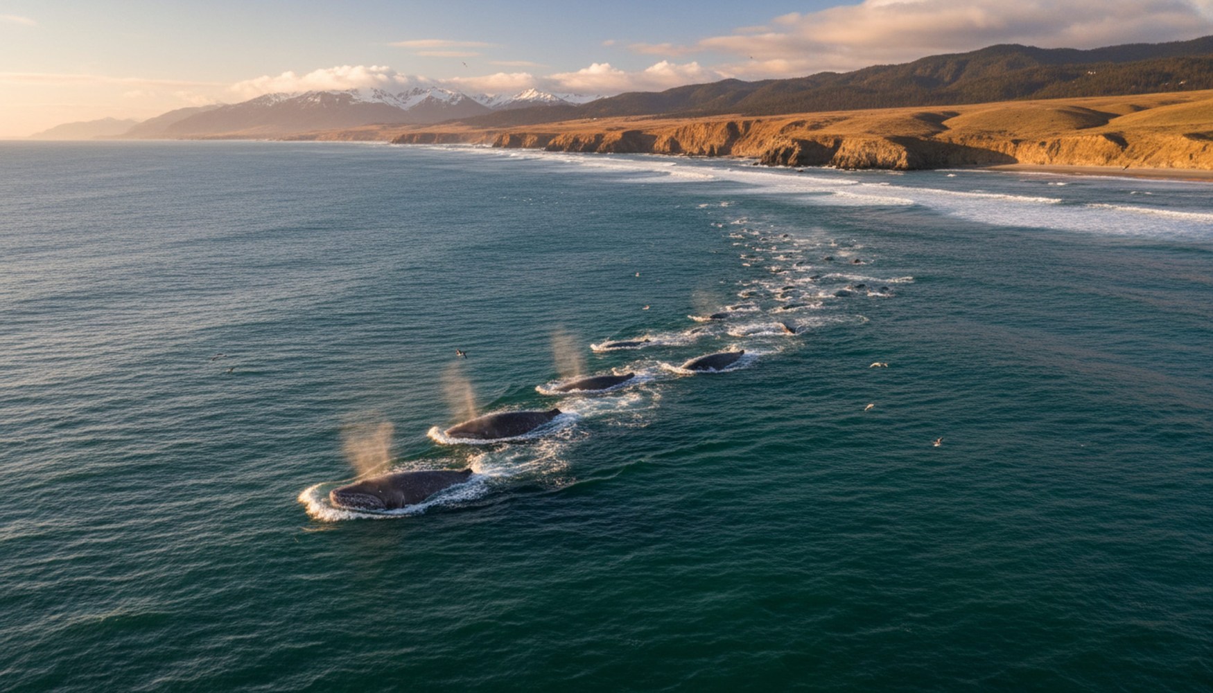 Long line of whales surfacing in ocean near rugged coastline with mountains in background.