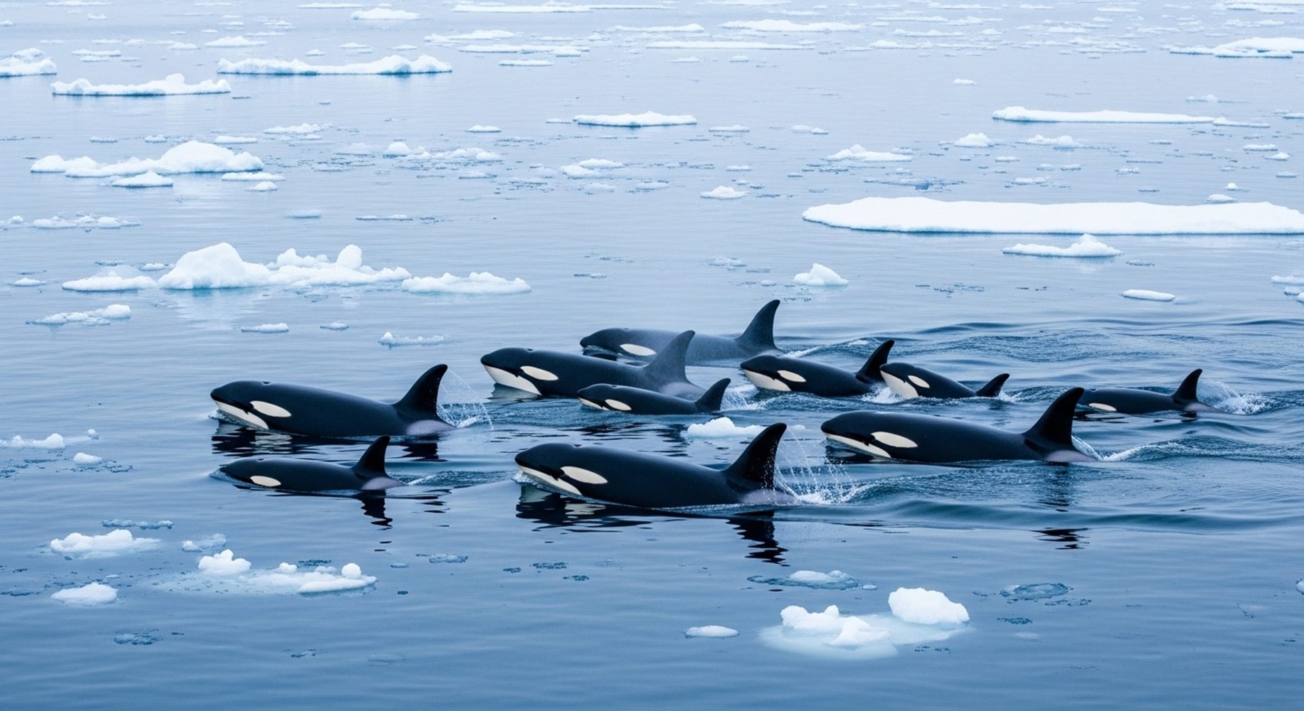 Orcas swimming among icebergs in calm, icy water.
