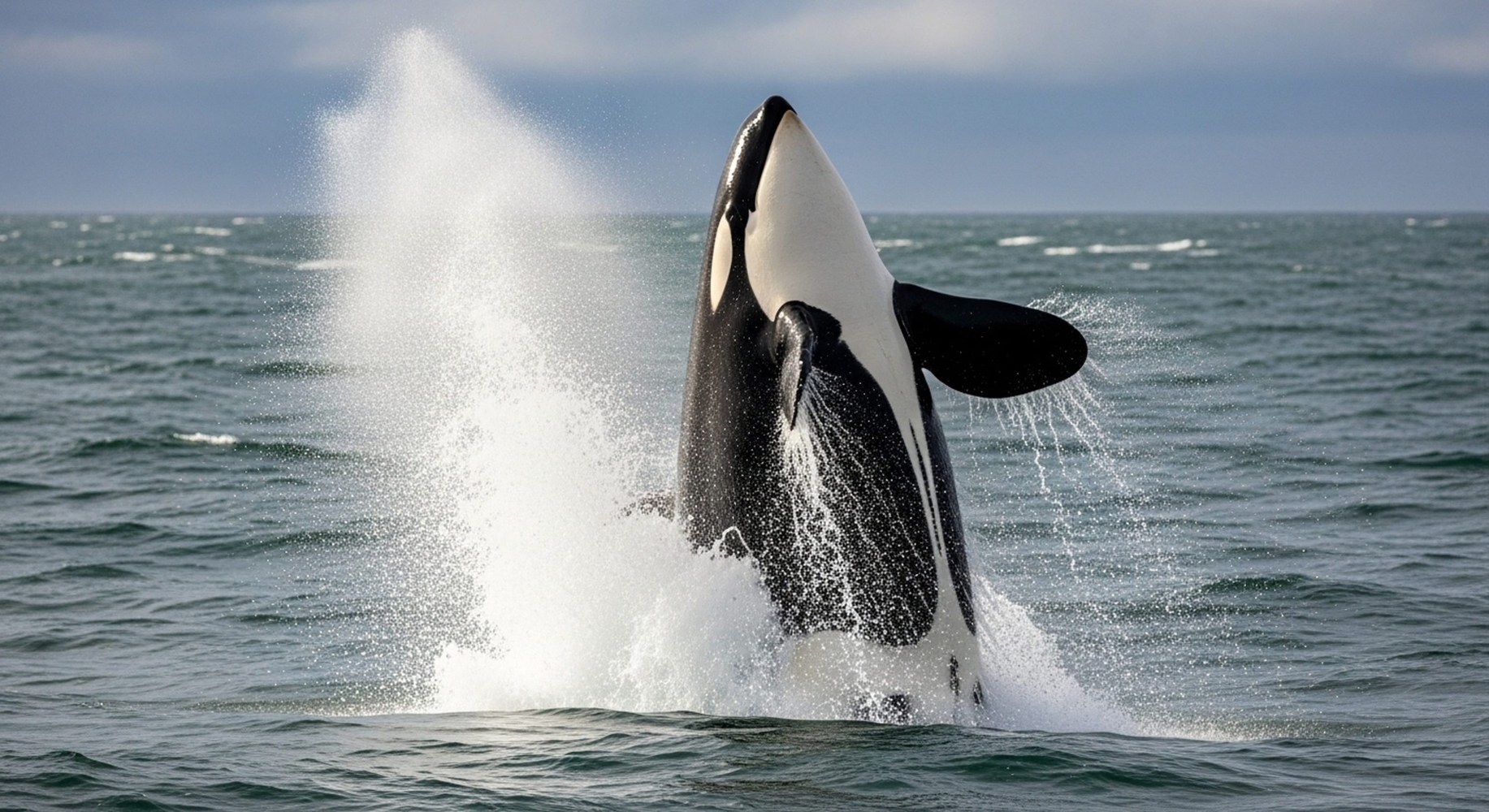Orca breaching above ocean surface with water splashing.