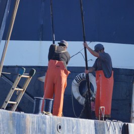 a group of men riding on the back of a boat