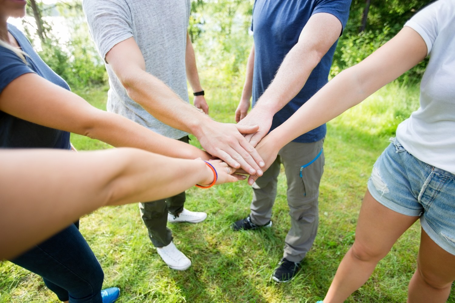 a group of people standing in the grass