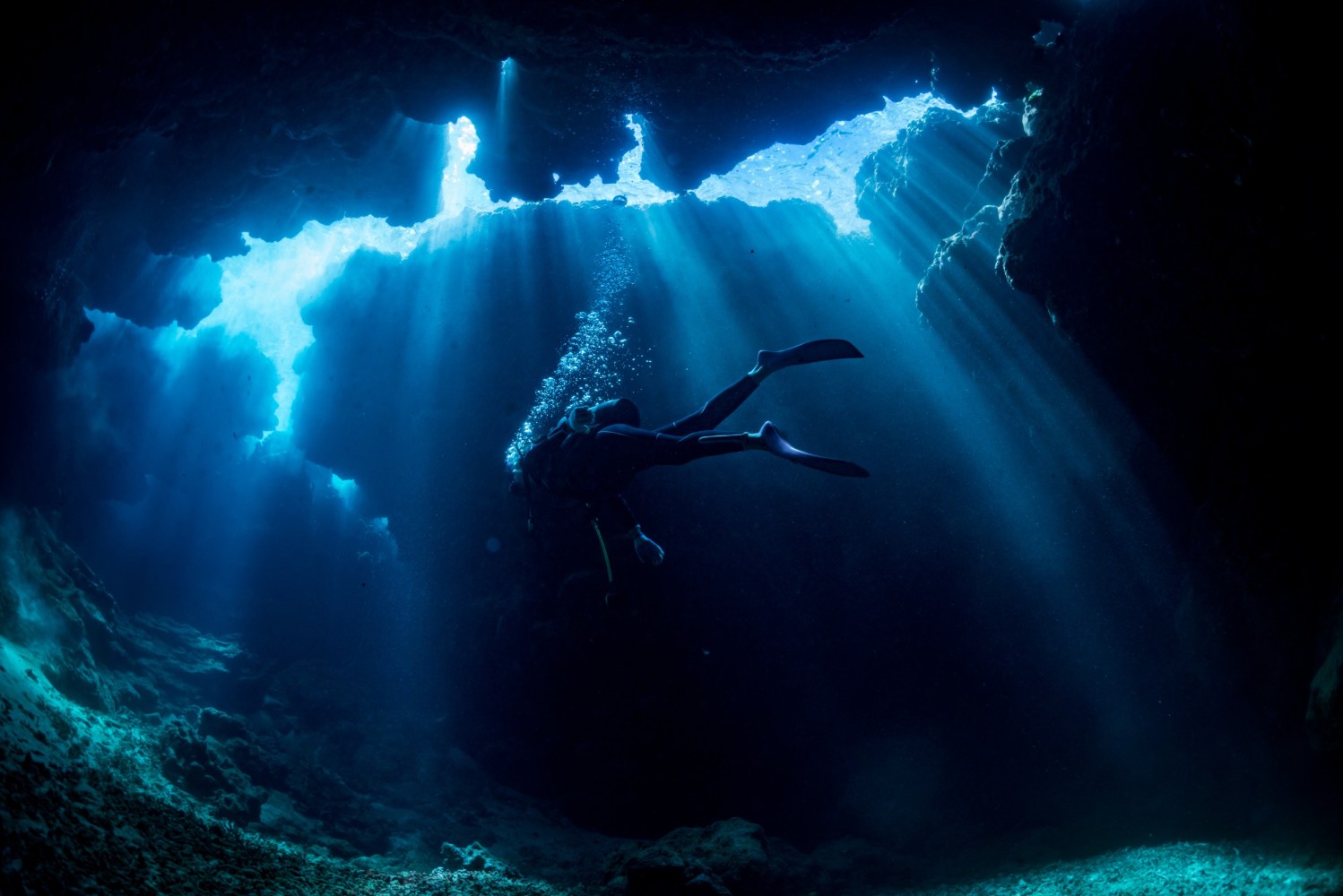 scuba diving underwater in cove 