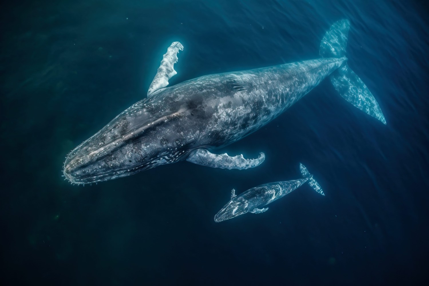 Adult and baby whales swimming underwater in a dark blue ocean.