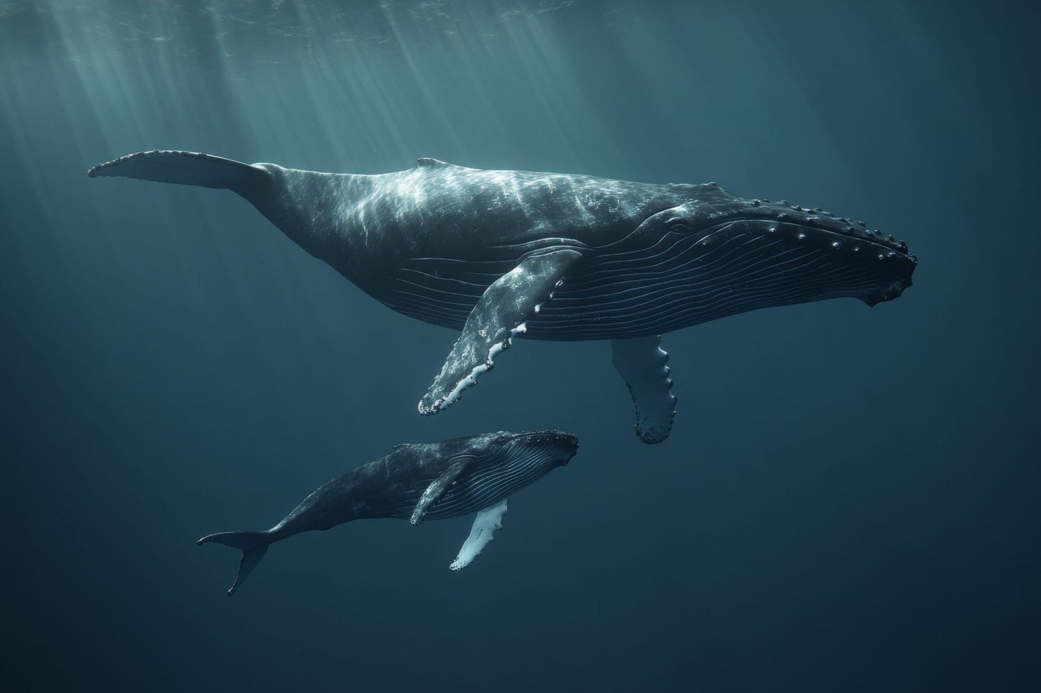 Two humpback whales swimming underwater, one larger than the other.