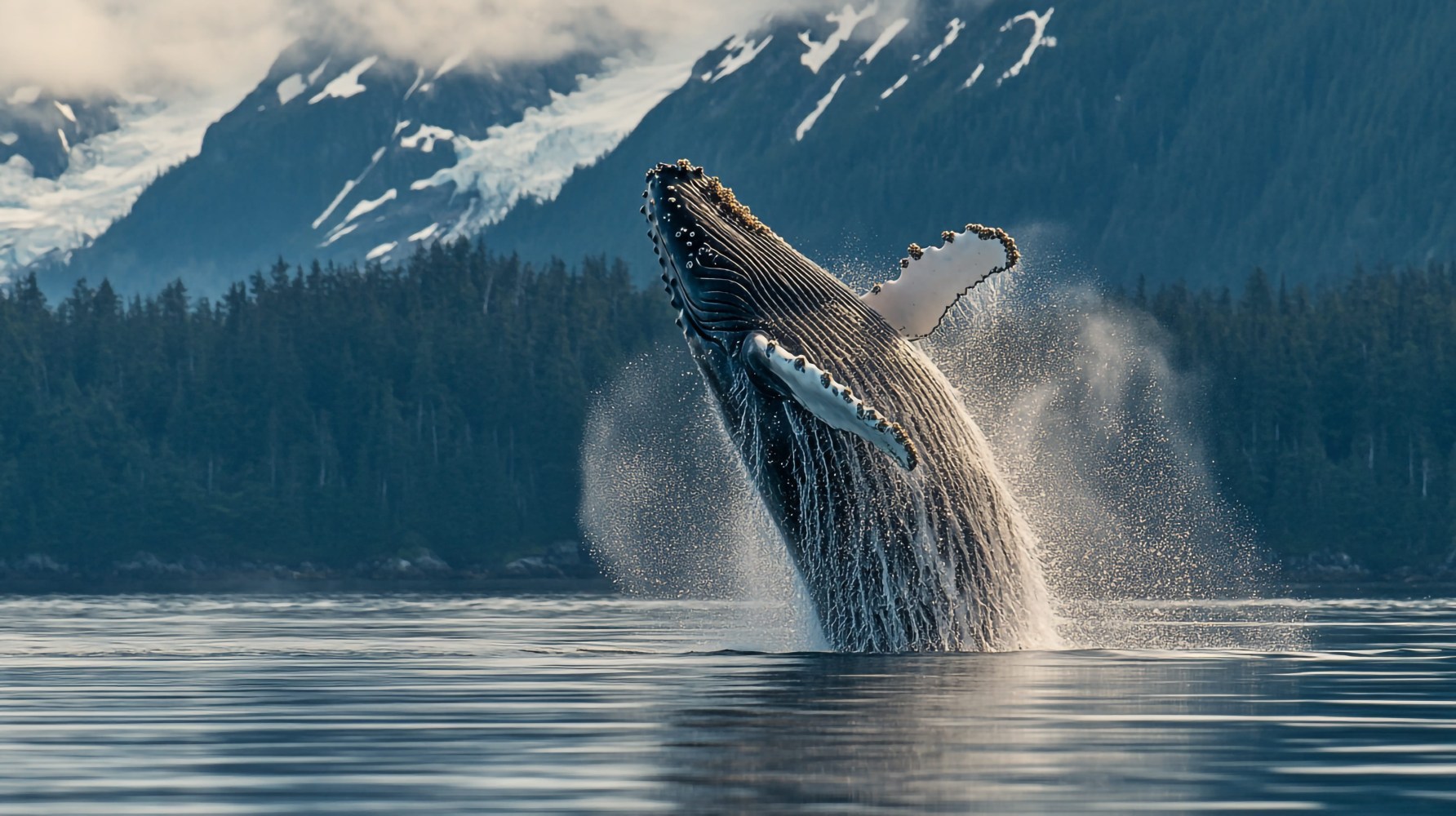 Whale breaching from water with mountains and forest in background.