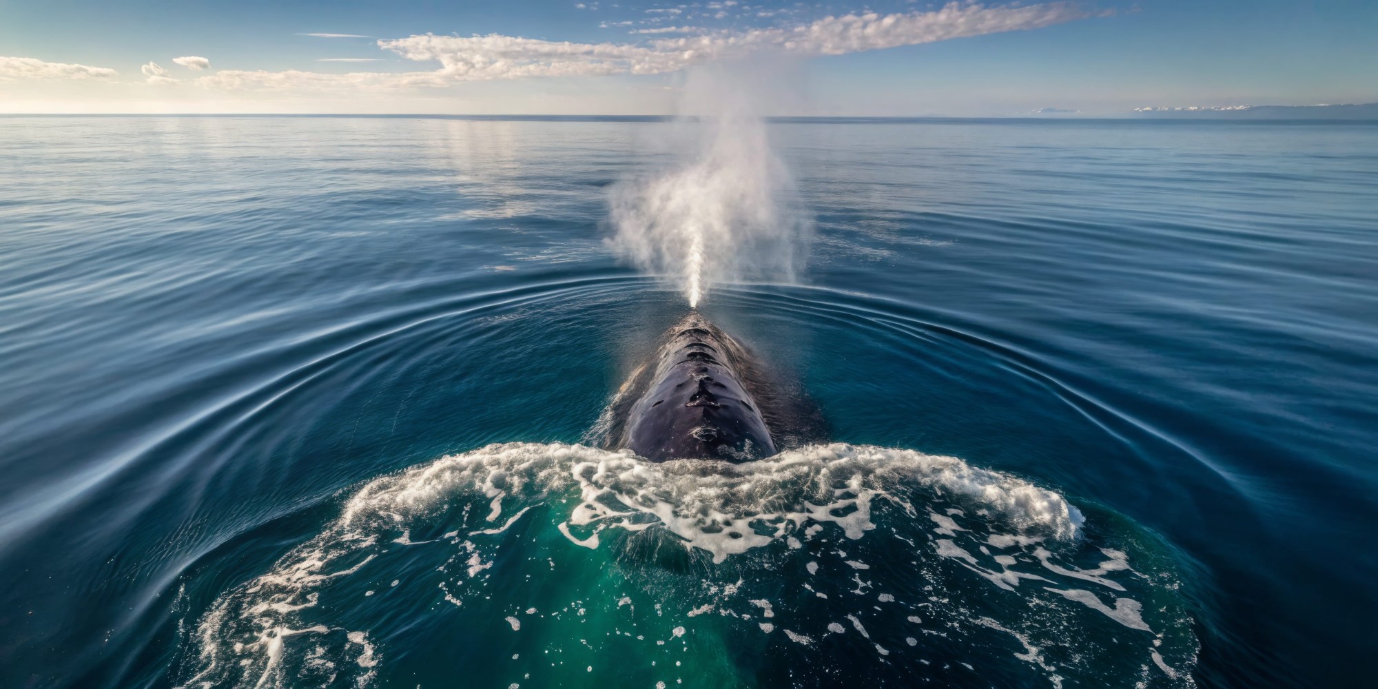 Whale surfacing, spouting water in calm ocean, under a clear sky.