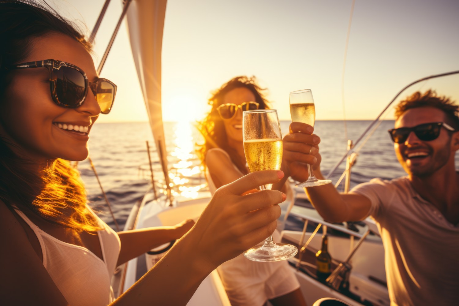 People on a boat toast with champagne glasses at sunset, smiling and wearing sunglasses.