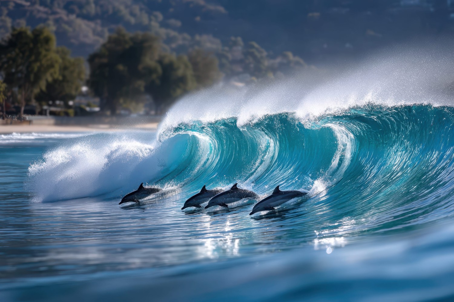 Dolphins swimming along the crest of a wave near a beach.