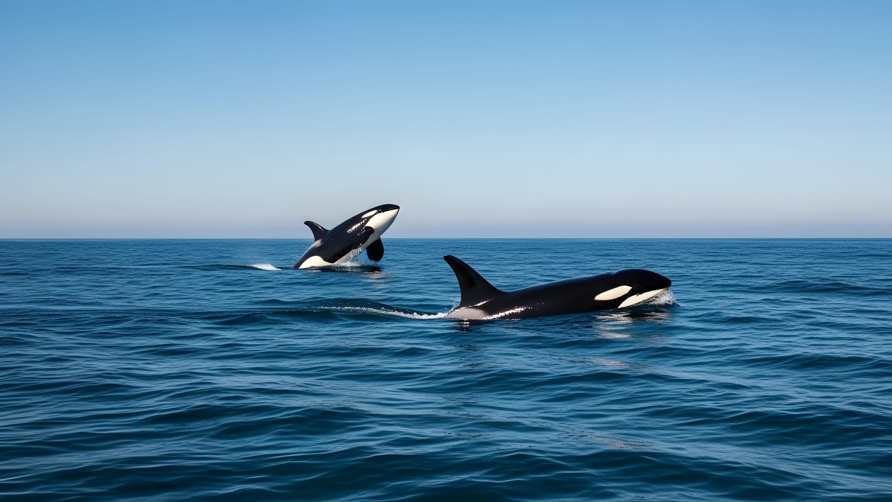 Two orcas swimming in the ocean, with one partially leaping out of the water under a clear blue sky.