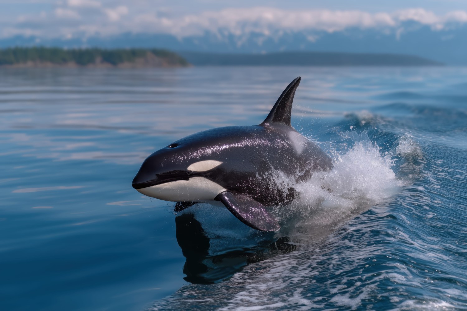 Orca surfacing in calm ocean with mountains in background.