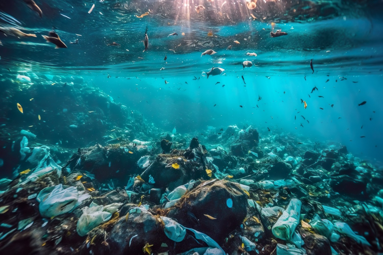 a reef with plastic in the ocean