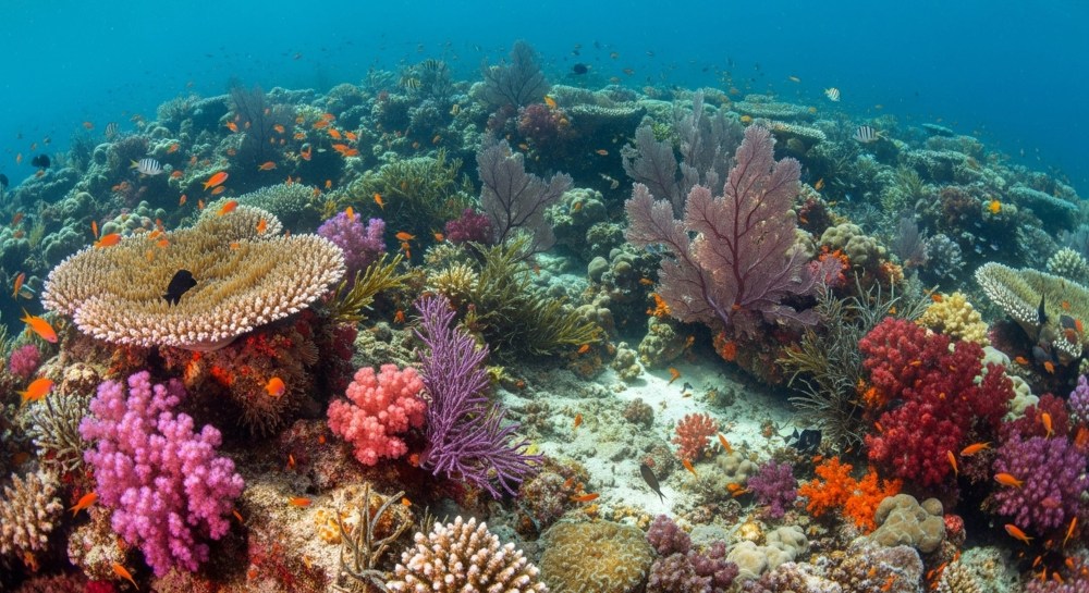 Vibrant coral reef teeming with colorful fish and diverse coral species underwater.