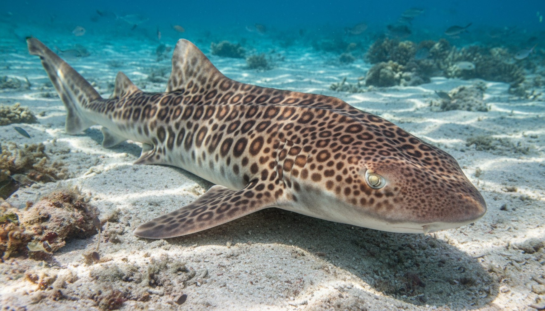 Spotted leopard shark resting on sandy ocean floor.