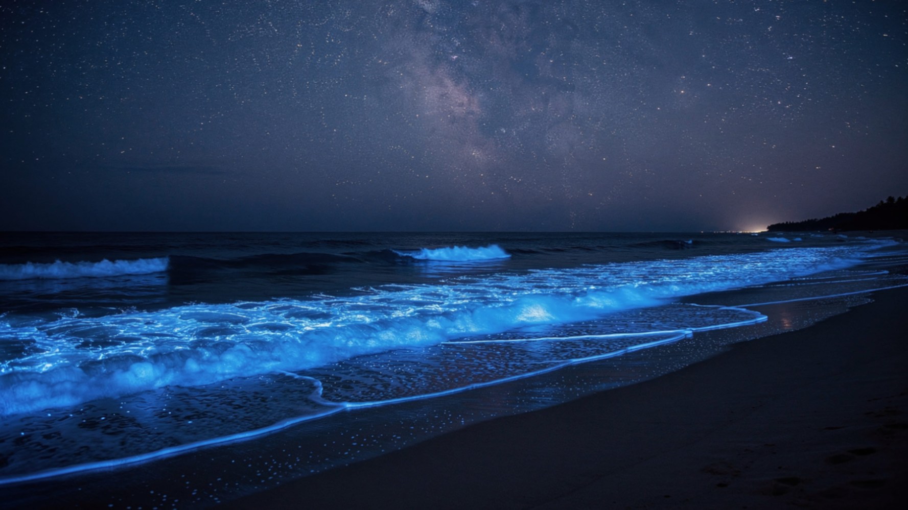 Bioluminescent waves glowing blue on a beach under a starry night sky.
